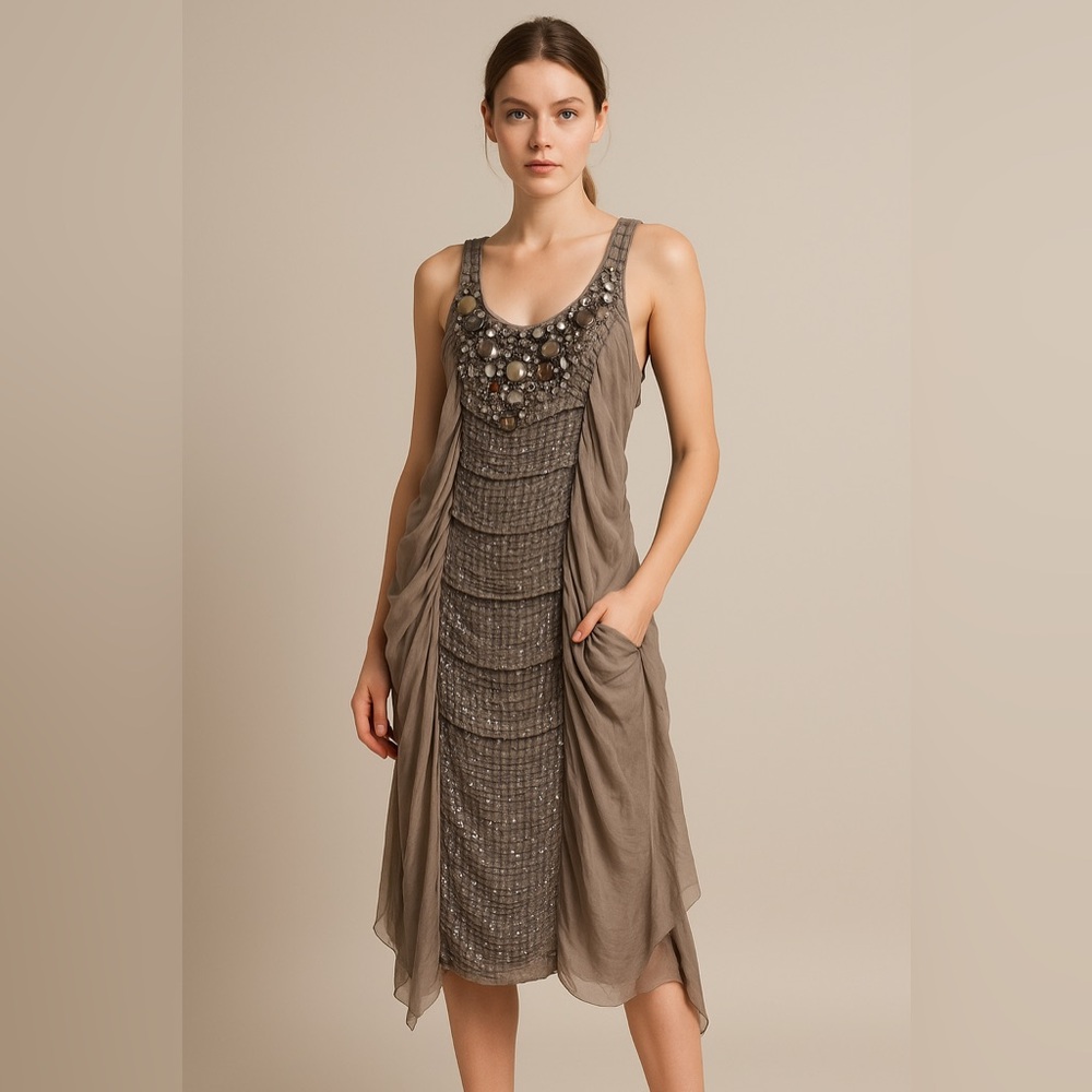 Anna Molinari Taupe Embellished Midi Dress